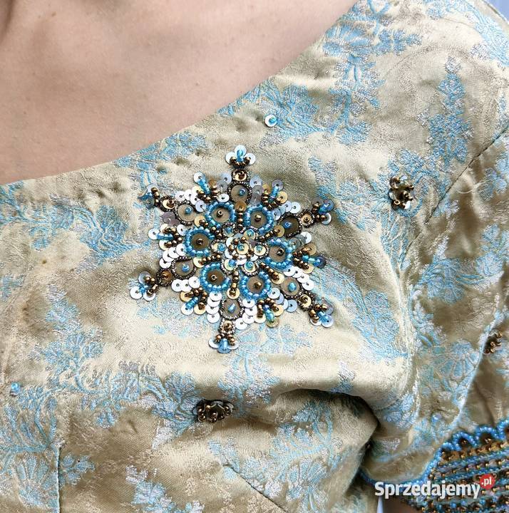 Piękne zdobione sari beż turkus koraliki saree zachodniopomorskie Szczecin