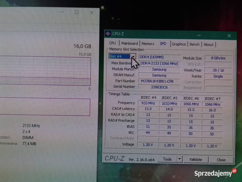 Samsung DDR4 2x8GB16GB sprawna PC42133MHz CL15 Podzespoły bazowe kujawsko-pomorskie