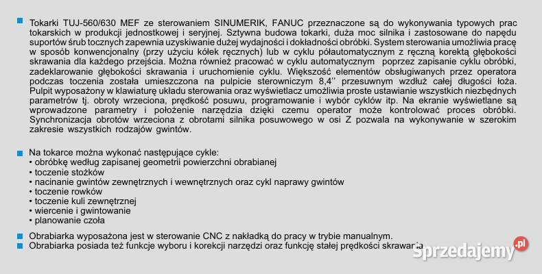 Tokarka CNC TUJ 560630 MEF Polski Producent FMT Wierzchosławice