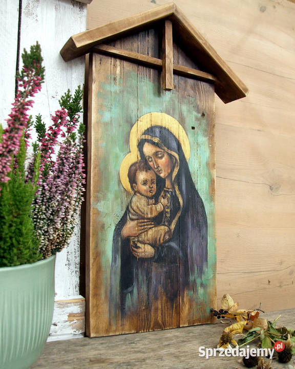 Obraz malowany na starych deskach Madonna z