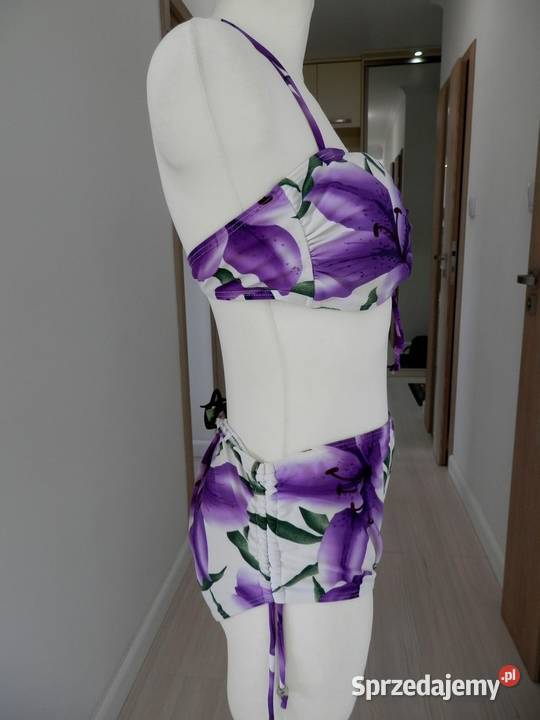 Strój Kąpielowy Bikini BiałoLawendowy w Kwiaty