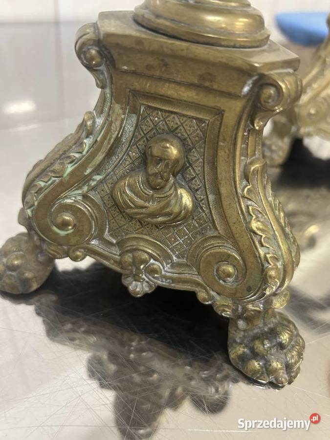 Dwa mosiężne lichtarze Maryja Serce Jezusa 54 Antyki Gliwice