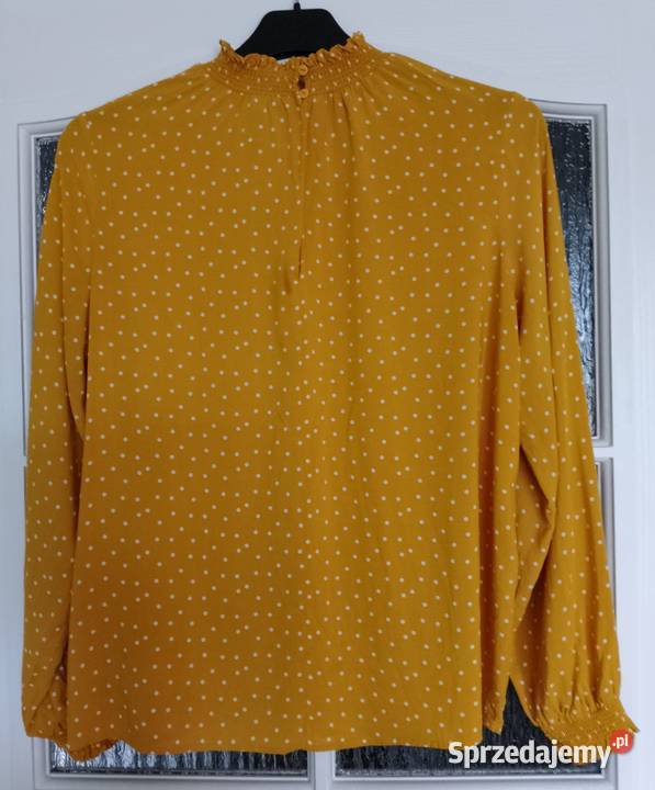 BLUZKA z długimi rękawami musztardowa w białe ze stójką