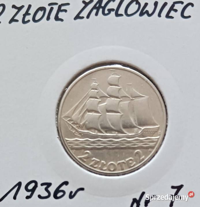 2 Żaglowiec 1936 r 7 srebro oryginał Cudeńko Numizmatyka Konin