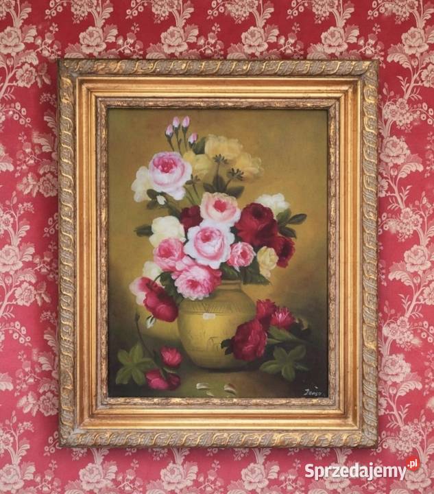 Stylowy Obraz Olej Płótno Kwiaty Bukiet Złota łódzkie