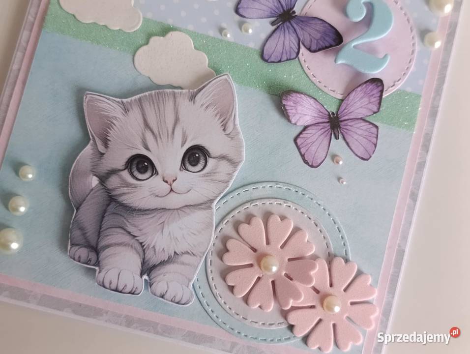 Kartka ręcznie robiona na urodziny kotek Rękodzieło łódzkie Łódź