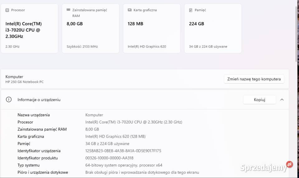HP 250 G6 Intel Core i37020U 8GB RAM 240GB SSD Węgrzce Wielkie