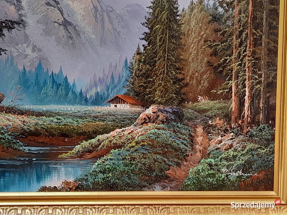 Alpejski pejzaż obraz olejny złota ornamentowa Malarstwo Iłża sprzedam