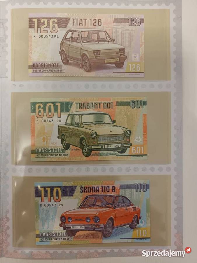 Banknoty Fiat Trabant Skoda folder samochody Goleniów