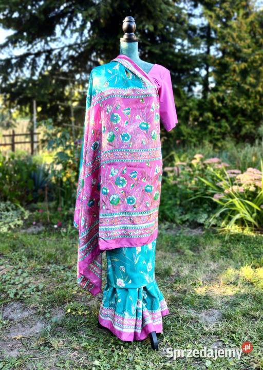 Vintage saree sari róż turkus kwiaty floral zachodniopomorskie Szczecin