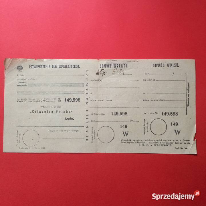 1961 Pocztowy Blankiet Dowodu Wpłaty Lwów Szczecin