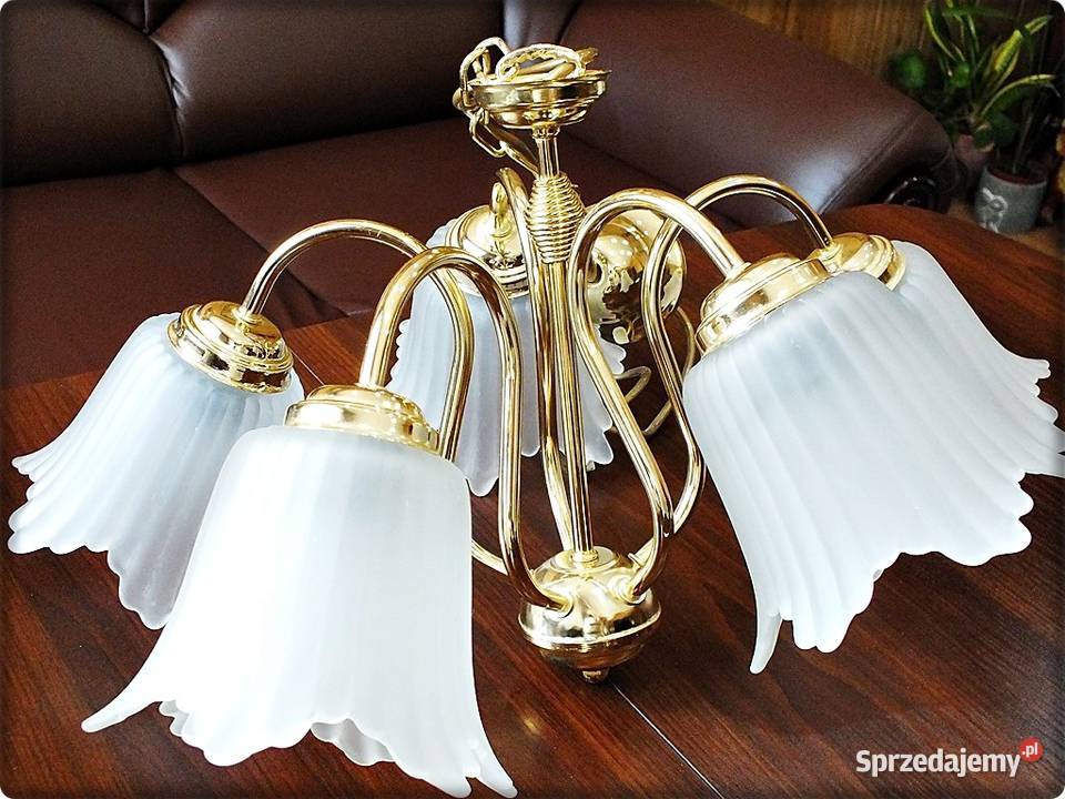 Złoty Żyrandol 5 ramienny Piękna Lampa wisząca z