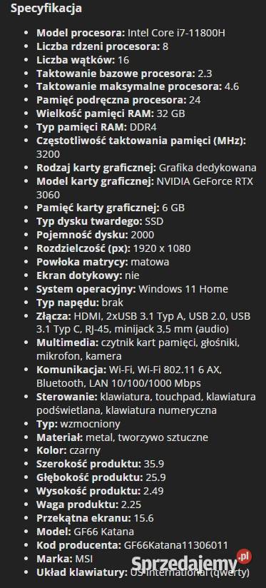 MSI GF66 Katana i711800H 64GB RTX3060 2TB M2