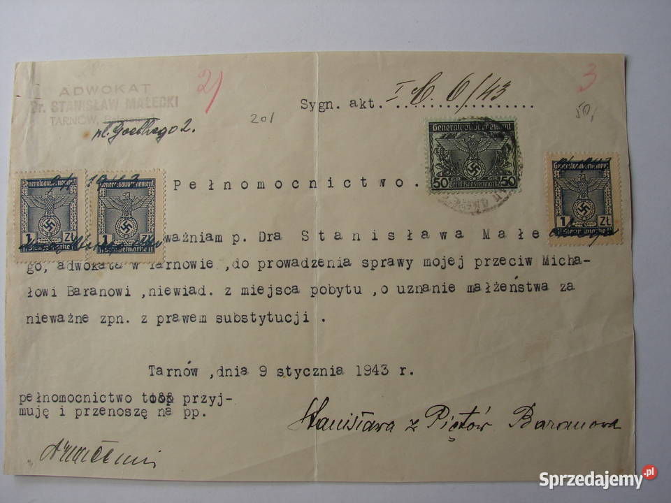 Tarnów 1943 r znaczki skarbowe z gapą Warszawa
