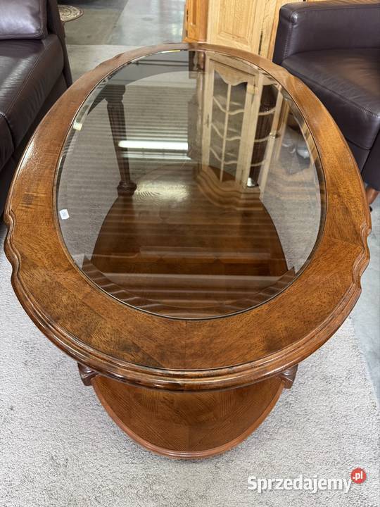 Drewniana owalna ława ze szklanym blatem i półka 121cm warmińsko-mazurskie