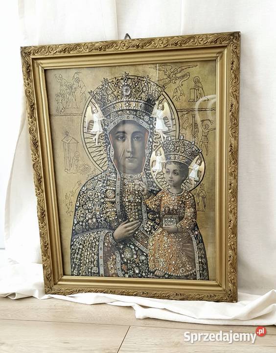 Stary duży obraz MB Częstochowskiej szkłem śląskie