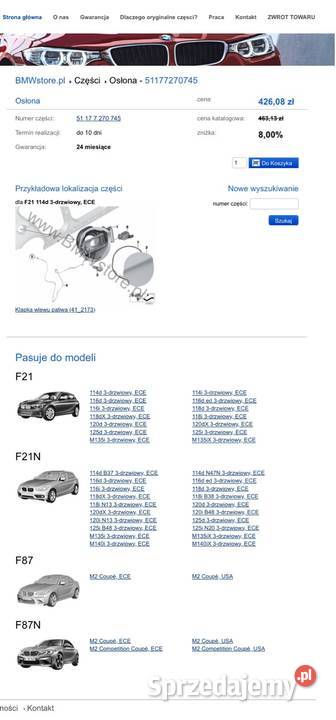 Obudowa wlewu paliwa BMW F87 M2 F21 51177270745 Rok produkcji 2019