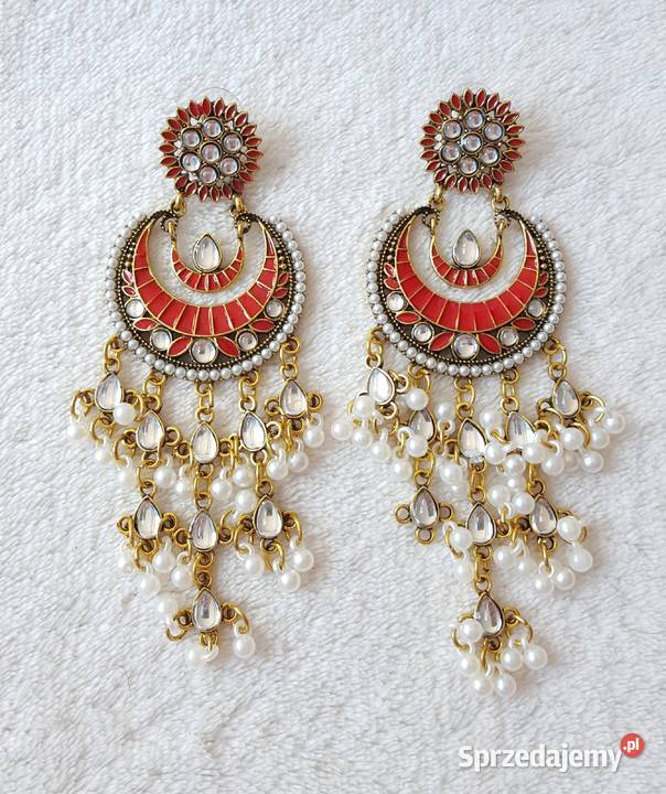 Długie kolczyki czerwony złoty kolor indyjskie Szczecin sprzedam