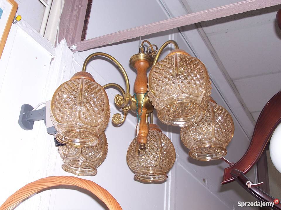 Lampa sufitowa mosiadzszkłodrewno
