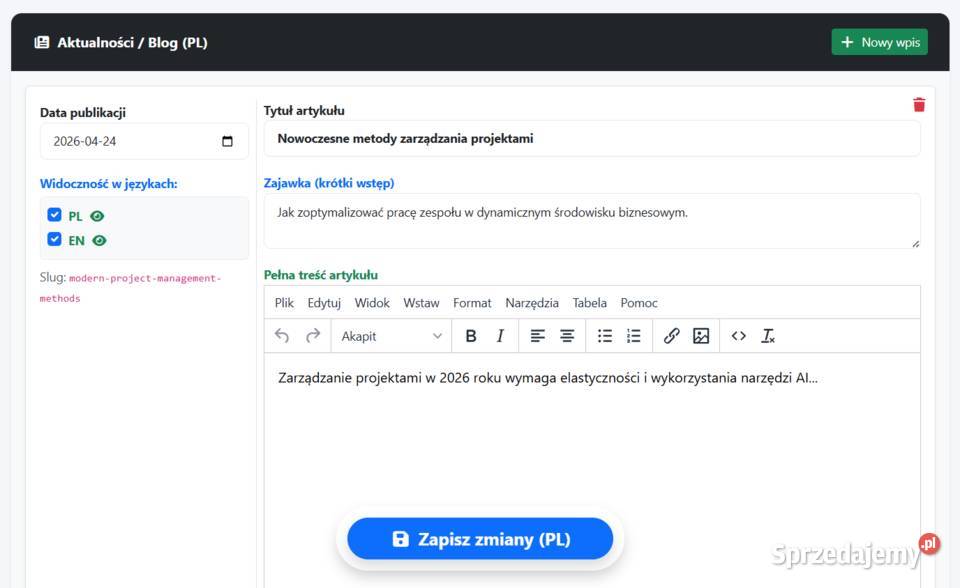 Szybki CMS Landing Page SEO Zero baz danych