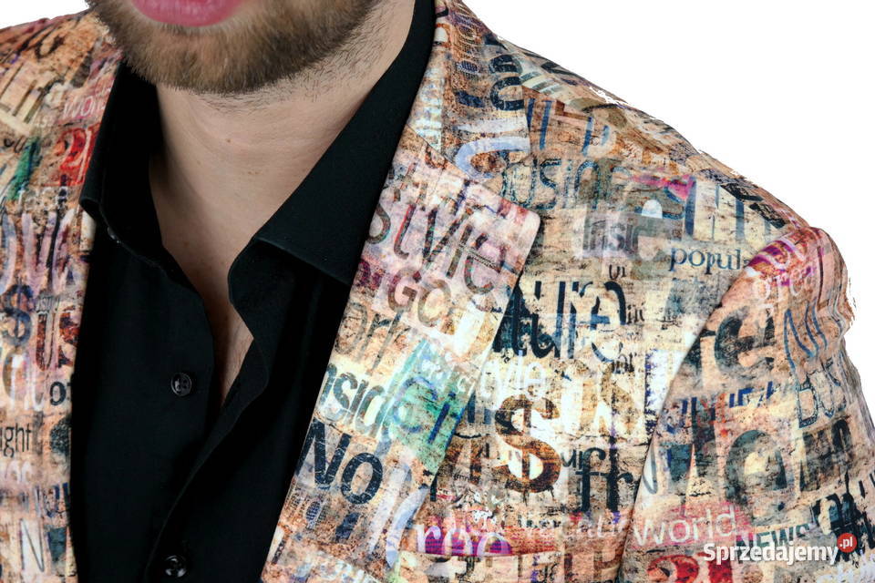 GIOVANNI PERA Marynarka Męska D809 Beżowa napisy brązowy/beżowy Ostrów Wielkopolski