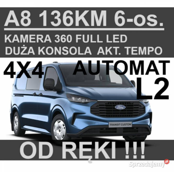 Ford Transit Custom A8 4X4 136 6os Kamera 360 czujnik deszczu Szczecinek