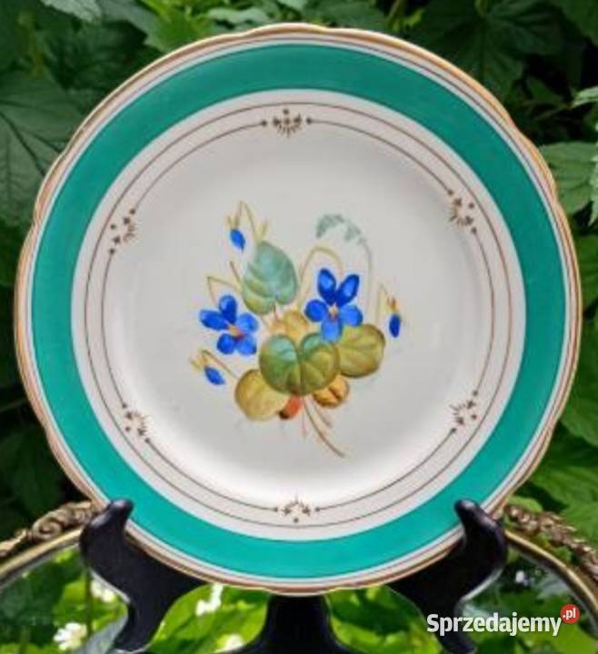 Śliczny talerz z bordiurą w kolorze Tiffany Blue Porcelana i szkło Pabianice