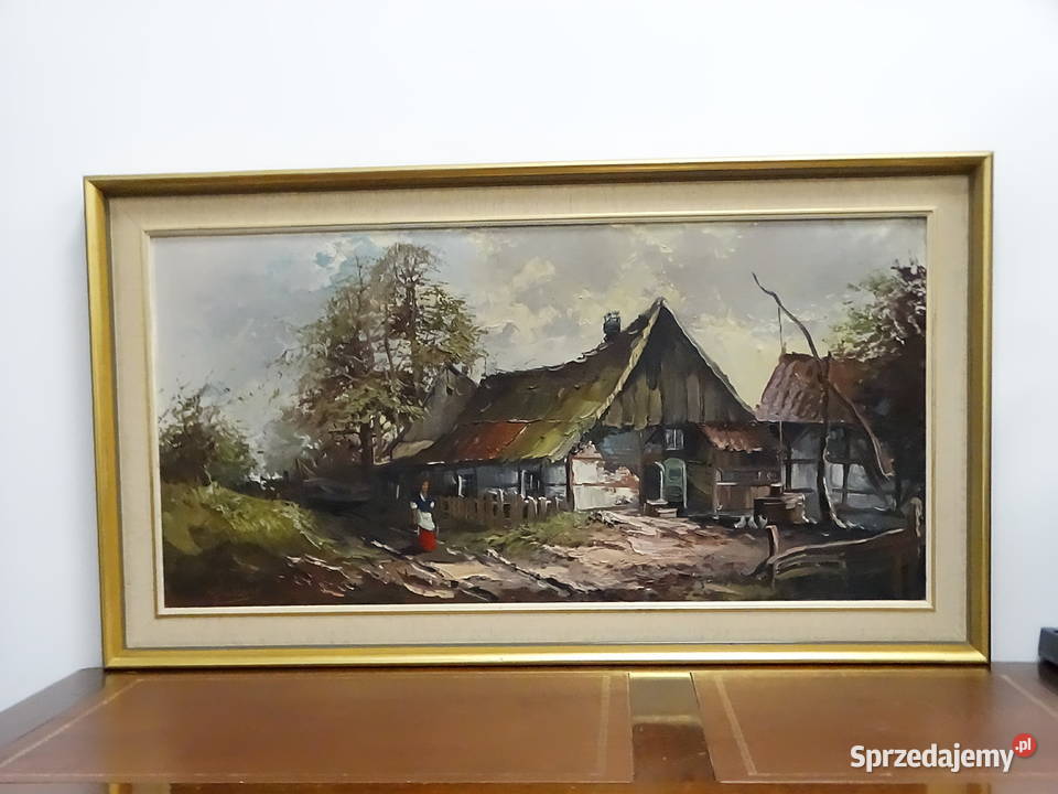 Stary Obraz Olejny Na Płótnie Wiejski Pejzaż lubelskie Biłgoraj