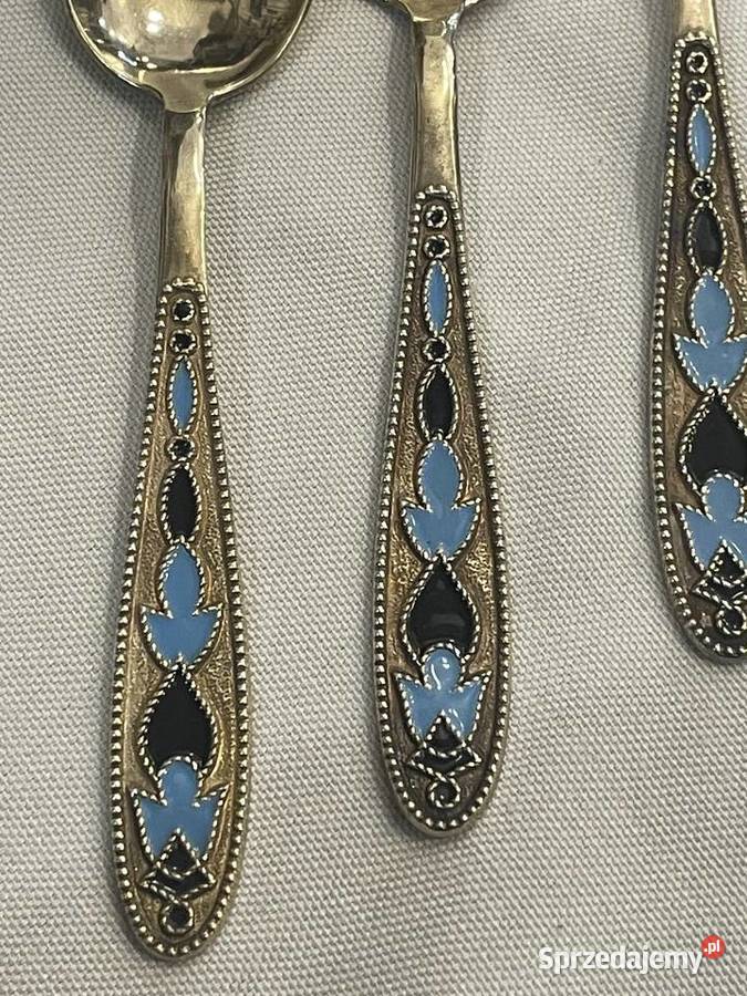 Srebrne pozłacane łyżeczki z emalią pr 825 Antykwariat Kraków