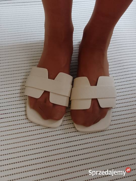 4142 Kremowe klapki letnie z Londynu Top Vintage skóra ekologiczna Kraków