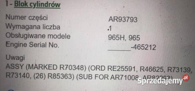 John Deere 6359D R80725 RE25591 Blok Cylindrów Jastrzębniki sprzedam