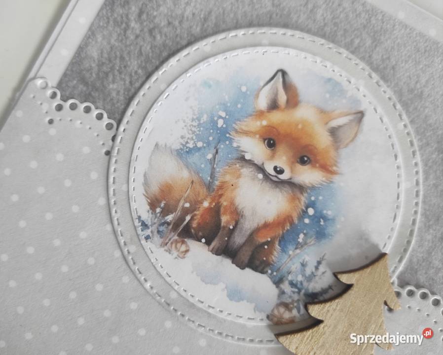 Kartka ręcznie robiona zimowa świąteczna z lisem