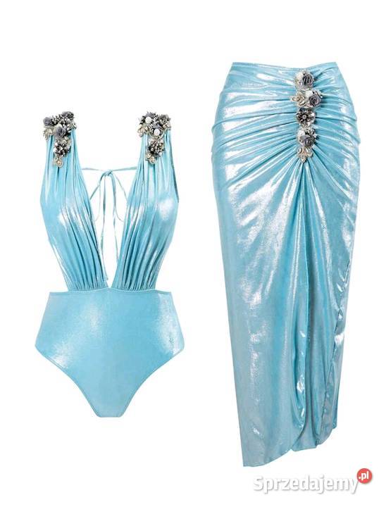 Bikini strój kąpielowy błękitny połysk cyrkonie dwuczęściowe