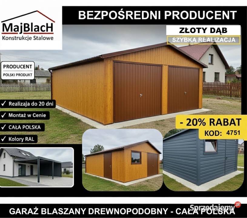 A34ZŁOTY DĄB Garaż Blaszany 6x6 Blaszak Montaż 36m2 małopolskie Oświęcim
