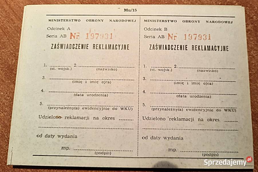 Druczek zaświadczenie reklamacyjne z PRL MON 5 wielkopolskie