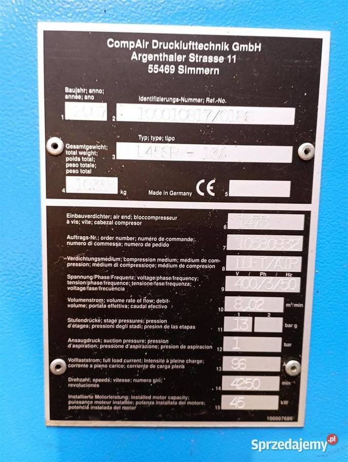 Sprężarka śrubowa COMPAIR L45RS13A 45kW 802m3min Wilków