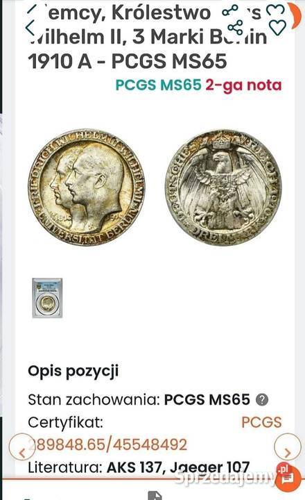 3 Marki 1910 r PCGS MS 64 Uniwersytet Berlin Węgorzewo