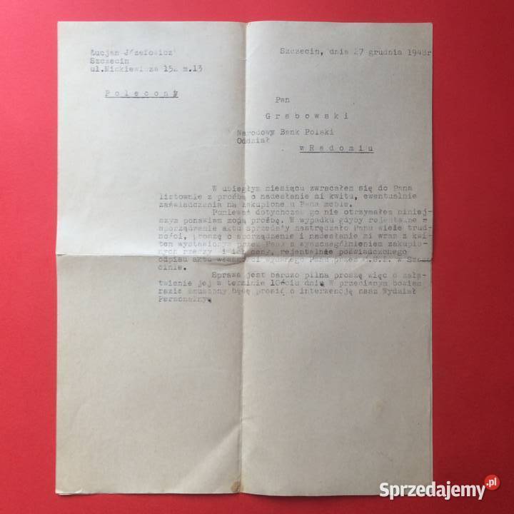 1659 Pismo Do Banku W Radomiu Józefowicz Szczecin