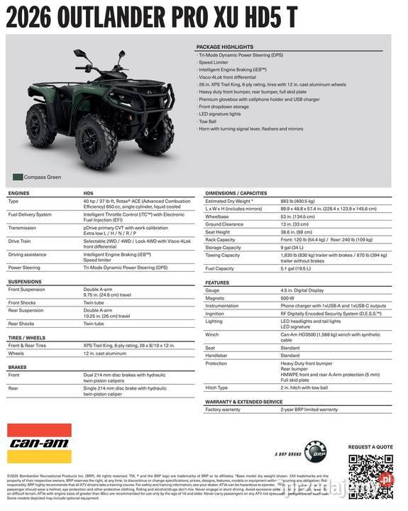 CanAm Outlander Pro Xu T HD5 2026 1LTA T3b quad Nowy Sącz
