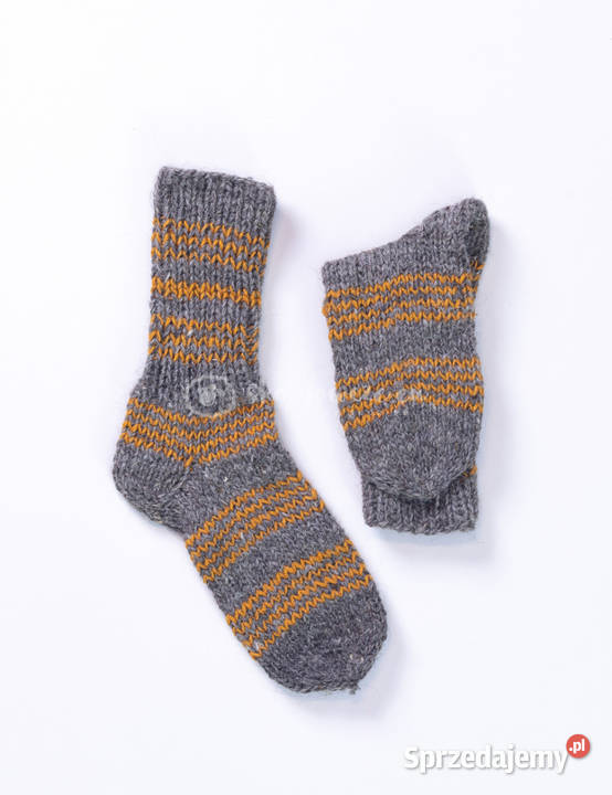 Wełniane skarpetki szare w musztardowe paski małopolskie Szaflary