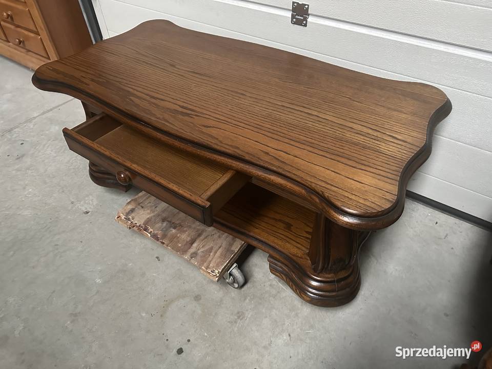 Ładna ciemna dębowa ława z szufladką