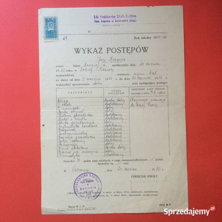 1803 Świadectwo Wykaz Postępów Ostrów Wlkp