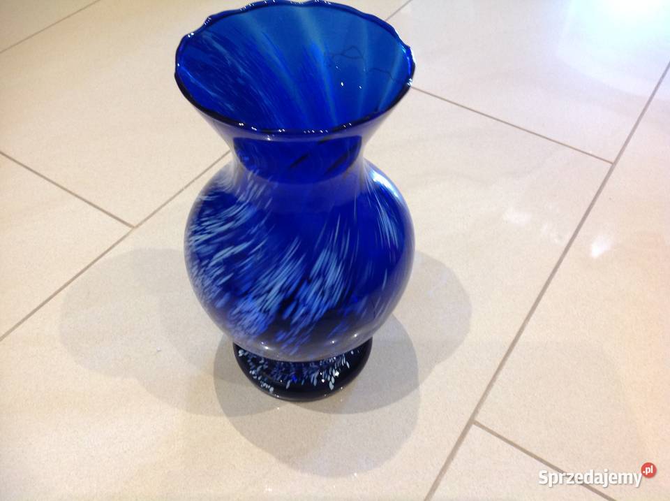 Stary Wazon Szklany Kobaltowy Murano z Białym Nowa Sól