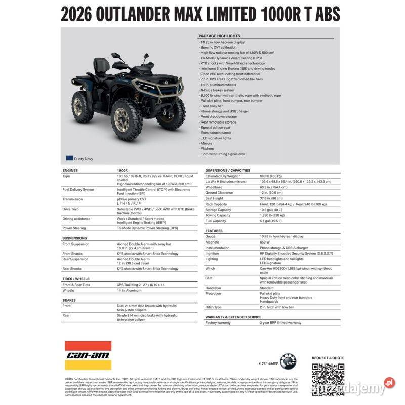 Quad CanAm Outlander 1000R LTD T ABS SAS 2026 pierwszy właściciel Nowy Sącz