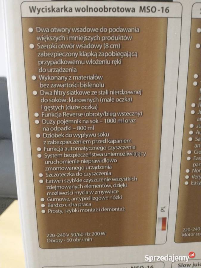 Wyciskarka wolnoobrotowa MPM MSO16 Szeroki wlot Warszawa