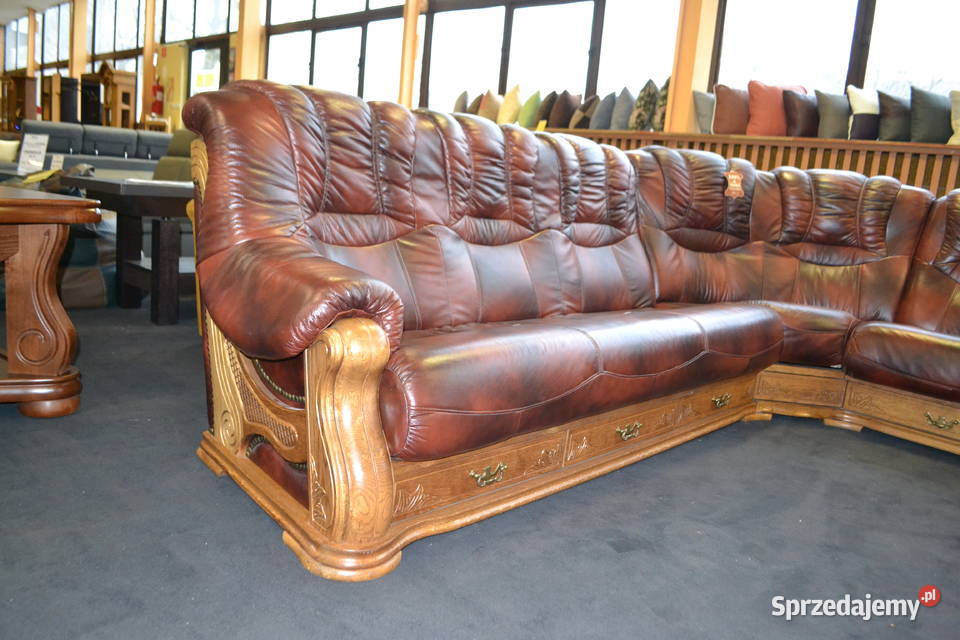 Nowy Narożnik 200x300 STYLOWY 100 Skóra Drewno Głogówek