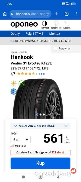 Nowe opony letnie Hankook Ventus S1 Evo3 ev sprzedam