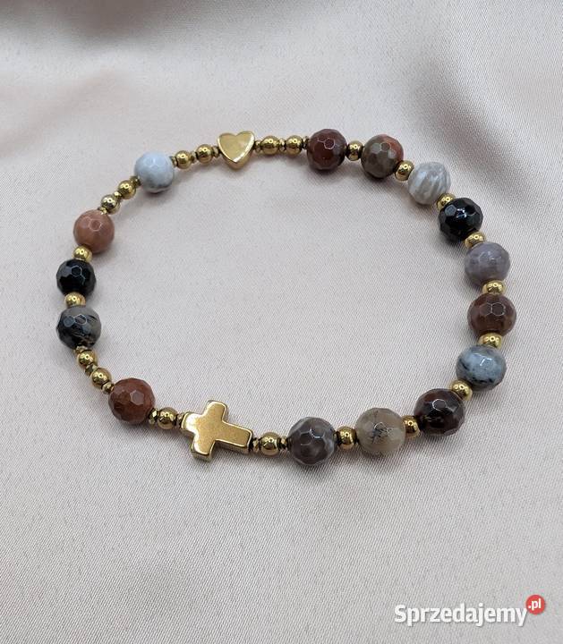 Bransoletka różaniec kamienie krzyżyk serduszko Głogów