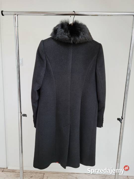 Czarny płaszcz z futrem kaszmir wełna wiskoza Kurtki i płaszcze Liszki
