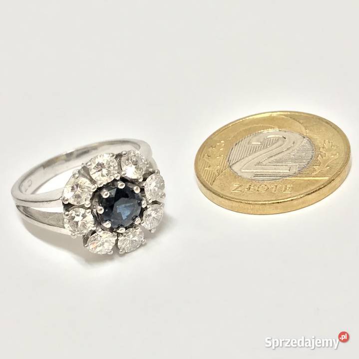 Pierścionek z BIAŁEGO złota SZAFIR DIAMENTY 13ct
